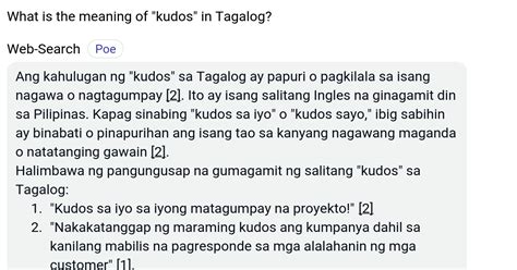 kudos meaning in tagalog sentence